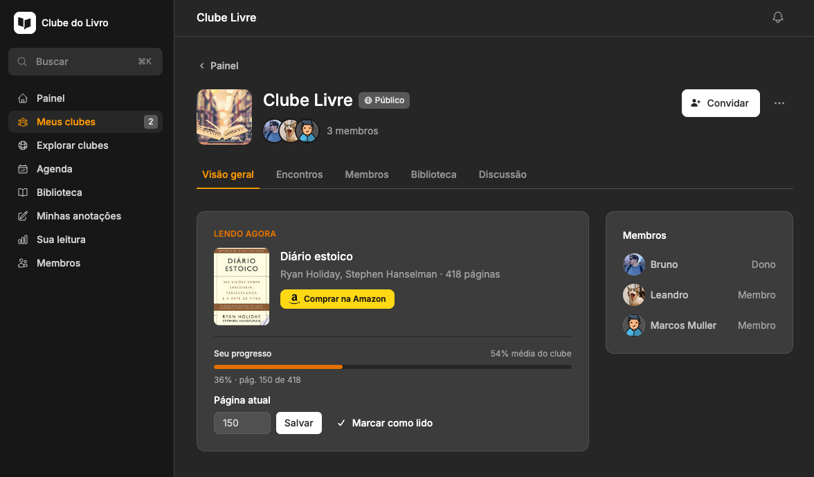 Clube do Livro — o painel do seu clube