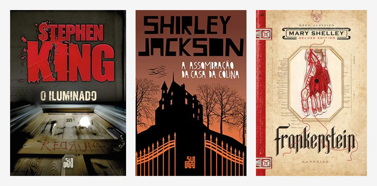 Capas de O Iluminado, com o nome de Stephen King em vermelho sobre uma porta de madeira com a palavra Redrum riscada, de A Assombração da Casa da Colina, com a silhueta de uma casa escura atrás de um portão de ferro sobre fundo laranja, e de Frankenstein, com a ilustração anatômica de um pé com as veias em vermelho e uma linha vermelha solta sobre papel envelhecido