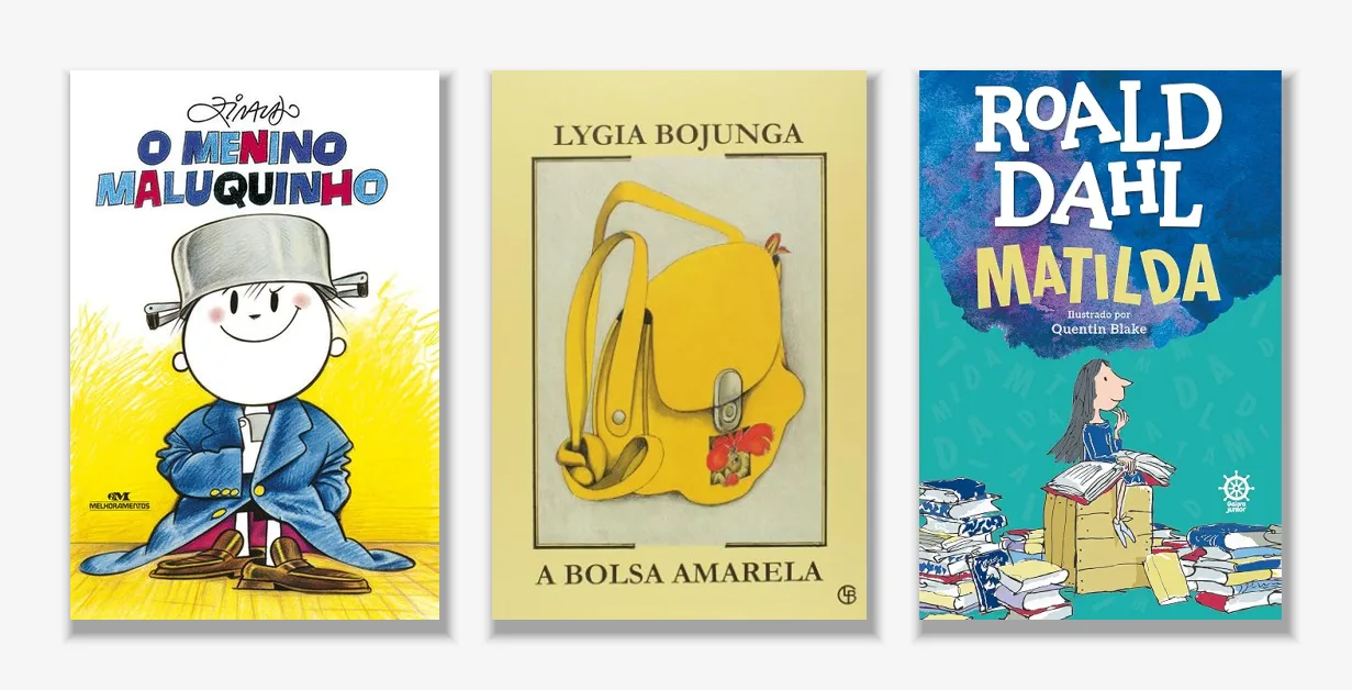 Capas de O Menino Maluquinho, com o menino de panela na cabeça e paletó grande demais, de A Bolsa Amarela, com a bolsa amarela desenhada num quadro sobre fundo creme, e de Matilda, com a menina sentada num caixote lendo entre pilhas de livros