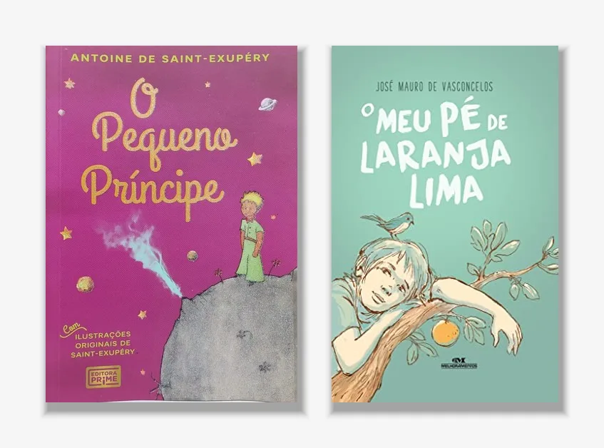 Capas de O Pequeno Príncipe, rosa com o príncipe de pé sobre um planeta pequeno, e de O Meu Pé de Laranja Lima, verde-água com um menino deitado num galho de laranjeira